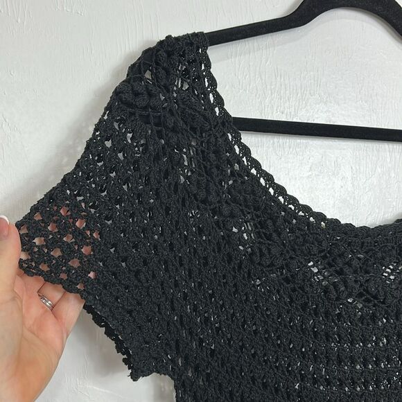 Black Open Knit Vintage Short Sleeve Scoop Neck Midi Dress Size L - Picture 2 of 7